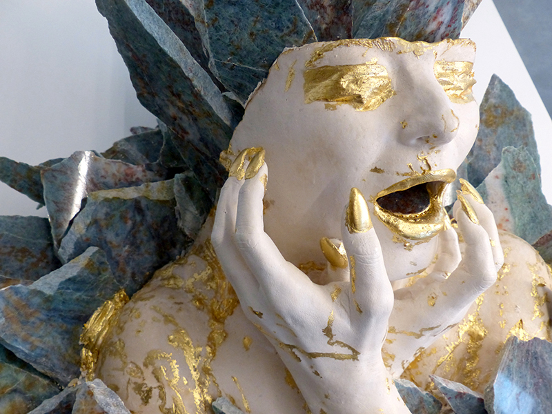 IZA, Isabelle Ardevol, woman contemporary artist, sculptress, art, Second Wave sculpture in acrylic resin, blue quartzite and gold leaf casted in 2020. Part of the In Chaotic lands serie, inspired by global warming and made carving recycled stone